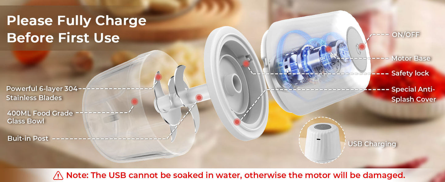 USB Rechargeable Wireless Electric Chopper for Kitchen 30 Watts with Stainless Steel Blades for Onion, Garlic, Vegetables, Nuts - 250 ml