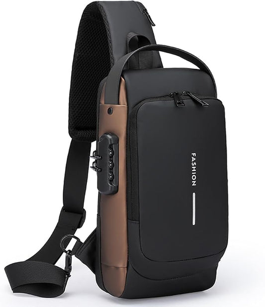 FASHION Men's Anti-Theft PU Leather Chest Bag With Password Lock & USB Charging - Waterproof Travel Sling Bag