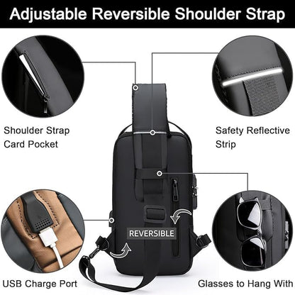 FASHION Men's Anti-Theft PU Leather Chest Bag With Password Lock & USB Charging - Waterproof Travel Sling Bag